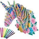 Hautton 3D Coloring Puzzle, Creative DIY Painting Educational 3-D Puzzle Set Toy with 10 Colouring Pens, Fun Arts Crafts Gift for Boys Girls Kids Age 3 4 5 6 7 8 9 10 11 12 -Unicorn