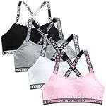 Young Girls Bras Cotton Teenage Underwear Removable Pads Sports Training Bra X Shoulder Strap Crop Tops for 7-14 Years Girls- 4 Pieces/4 Set