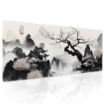 Japanese Cherry Blossom Anime Large Mouse Pad XL Black White Sakura Tree Mountain Extended Large Desk Mat Big Desk Pad 80X30 CM Non-Slip Rubber Base Stitched Edge Long Mousepad,31.5×11.8 Inch