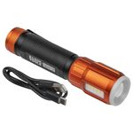 KLEIN TOOLS Rechargeable LED Flashlight with Worklight, 500 Lumens, USB Charging Cable, Pocket Clip, Battery Life Indicator, Magnetic 56412, Orange/Black