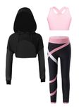 Hansber Kids Girls Hip Hop Dance Outfits Hoodie Crop Top Sports Bra with Active Leggings Set 3Pcs Sports Suit Pink 12 Years