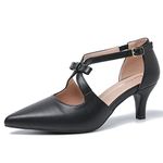 fereshte Women's Closed Pointed Toe Heels Small Bow Hollow Out D'Orsay Kitten Heel Dressy Pumps, Matte Black, 5 UK