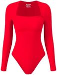 OQQ Women's Bodysuits Sexy Ribbed Square Neck Long Sleeve Tummy Control Casual Fall Bodysuits Red