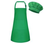 BOUBONI Kids Apron and Chef Hat Set Adjustable Child Art Aprons with 2 Pockets Toddler Chef Hat and Apron for Cooking Baking Painting (Green)