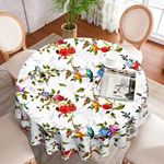 Eflxamz Round Tablecloth, Rose Peony and Humming Birds Waterproof Table Cloth Cover, 60 Inch Wipeable Round Polyester Tablecloth for Outdoor Picnic Camping and Indoor Kitchen Dining