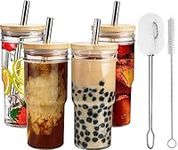 NINU Reusable Iced Coffee Cup, Smoothie Tumbler Glass Bubble Tea Cup, 4 Pack Wide Mouth 22oz Boba Cups with Lid and Stainless Steel Straw, Mason Jar Drinking Glasses for Beer, Juice, Christmas Gift