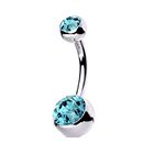 PiercedOff Implant Grade Titanium Belly Bar with Internally Threaded Aqua CZ Balls - Thickness 14GA (1.6mm) / Length 12mm / Ball Sizes 5mm Top Ball and 8mm Lower Ball