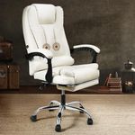 Furb Ergonomic Office Chair with Foot Rest, 135° Reclining Home Office Desk Chair with 2-Point Massage, Adjustable Height Swivel Chair with Comfortable Thickly Padded Armrests (White)