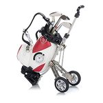 Golf Bag Pen Holder with Clock for Desk Mini Golf Caddy Cart Holder and 3 Pens Golf Gifts Set for Men Women, Desktop Aluminum Alloy Golf Pens Souvenir Gift(White/Red - Golf Cart)