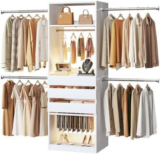 Closet System, 4-8FT Closet Organizer with 3 Wood Drawers & Glass Top, 102'' Walk in Closet with 5 Hang Rods & LED Lights & Trouser Rack, Built-in Wardrobe Clothes Rack with Shelves and Tower, White