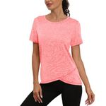 Jlowesun Women's Long Gym Yoga Tops, Short Sleeve Running Workout Sprots T-Shirt for Women UK Loose Fit,Quick Dry Fitness Activewear Athletic for Ladies Gym Exercise Coral Pink