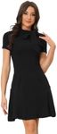 Allegra K Women's Elegant Bow Tie Dress Solid Color Ruffled Hem Short Sleeve Swing Dresses Black XS