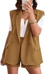 KIRUNDO 2 Piece Outfits for Women Double Breasted Open Front Sleeveless Blazer and Shorts Suit Set Business Casual Summer Sets Spring Fashion Trends(Brown Yellow, XX-Large)