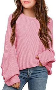 Mafulus Girl's Oversized Crewneck Fall Sweaters Kids Batwing Long Sleeve Slouchy Chunky Cute Pullover Jumper Shirts 5-14T Pink