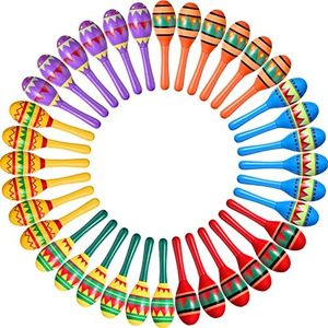 Hungdao 48 Pcs Mini Mexican Fiesta Wooden Maracas Bulk 6 Designs Wood Maracas for Kids Noisemaker for Fiesta Party Favors Cinco De Mayo Party Supplies decor Taco Tuesday Event Luau Games