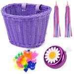 Kids Bike Basket Set, Children's Bicycle Bell Streamers Balance Bike Decoration Accessories Bicycle Basket Wheel Spoke Beads (Purple)