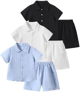 Fdqin Boys Clothes Set Toddler Infant Boys Button-down Shirt Tops + Cotton Gauze Shorts Summer Outfit 2PCS with Pockets Black/White/Blue 7-8 Years