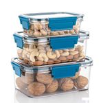 Lock and Fresh Airtight Leak Proof Reusable Plastic Food Storage Container Set of 3 Pieces, Kitchen Organizer for Fridge, Stackable Freezer Safe Rectangle Boxes, BPA Free -1200ml, 800ml, 300ml (Blue)