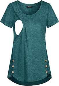 Quinee Latched Mama Nursing Tops, Short Sleeve Crew Neck Hip Length Button Side Loose Hem 2 Layers Pregnancy Shirt for Women Summer Maternity Tunics Breastfeeding Clothes Green L