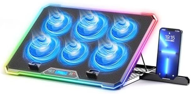 KYOLLY RGB Cooling Pad Gaming Laptop Cooler, Laptop Fan Cooling Stand with 6 Quiet for 15.6-17.3 inch laptops, 9 Height Stand, LED Lights & LCD Screen, 2 USB Ports, Lap Desk Use