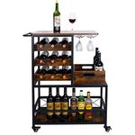 Farmhouse Bar Cart, Mobile Bar Serving Cart, Industrial Style Wine Cart for Kitchen, Beverage Cart with Wine Rack and Glass Holder, Rolling Drink Trolley for Living Room, Rustic Brown