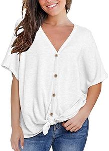 MIHOLL Women's Casual V Neck Tie Knot T-Shirt Button Down Short Sleeve Blouse Tops (Large, White)