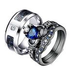 ANAZOZ Couples Rings Set 2Pcs For Him and Her,Matching Couple Rings Stainless Steel Carbon Fiber Round Pulled Claddah Zirconia Blue Silver Black Blue Ring Size Women T 1/2 & Men T 1/2