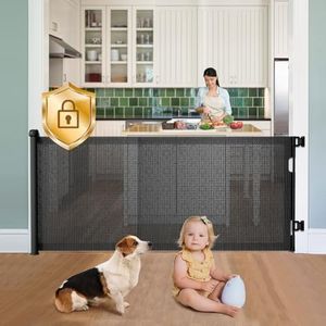 Retractable Baby Gates Hardware Mount for Stairs with Auto-Lock, 33" x 71" Mesh Double Locking Safety Baby Dog Pet Cat Gate for Doorways, Durable Child Gate for Hallways Kitchen Indoor Outdoor Black