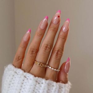 Lifextol French Tip Press on Nails Medium Fake Nails with Love Heart Design Almond Stick on Nails Press ons with Adhesive Tabs, French Pink Nails 24pc