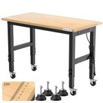 LARBANKE Adjustable Workbench 120 cm, Wooden Workstation with Graduated Lines, 85-105 cm Heights, 900 kg Load Capacity, Heavy Duty Workbench with Wheels and Footrest