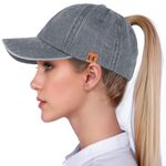 Ponytail Baseball Caps for Women - Washed High Pony Caps, Solid Color Cotton Adjustable Trucker Dad Cap Classic Vintage Denim Baseball Hats High Bun Pony Sun Caps for Women Ladies Outdoor (Grey)