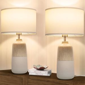 Tisuokae Bedside Lamps Set of 2, Ceramic Tall Bedside Table Lamps with Fabric Shade, Table Lamp with 3 Color Temperatures, Nightstand Bedroom Lamp for Living Room & Office, LED Bulbs Included