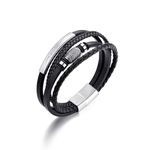 QUKE Leather Bracelet for Men Black Multi-Layer Braided Bracelets with Stainless Steel Clasp (Fits wrist size 18-20 cm)