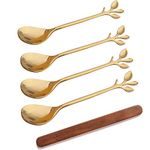 Gold Leaf Espresso Coffee Spoon Ice-Cream Tea Sugar Spoon Stainless Steel 4.7 Inches Mini Stirring Spoons Dessert Demitasse Spoons, Set of 4