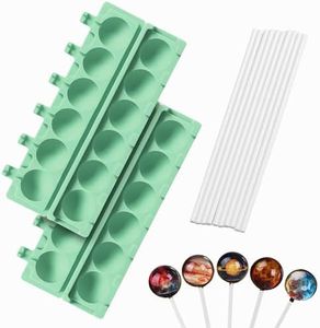 QELEG 2pcs Silicone Lollipop Molds with 100 Paper Sticks, 6-Capacity 3D Round Hard Candy Ice Ball Molds for DIY Chocolate Cake Pop