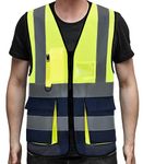 PB TECH Hi Vis Zipper Front High Visibility Reflective Vest Hi Vis Executive Jacket Vest Waistcoat ID & Multiple Pockets (Yellow & Navy, L)