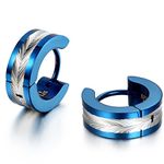 JewelryWe Pair of Stainless Steel 2 Tone Huggie Earrings Mens Hoop Earrings, Silver Blue (with Gift Bag)