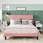 Allewie Queen Bed Frame, Velvet Upholstered Platform Bed with Adjustable Vertical Channel Tufted Headboard, Mattress Foundation with Strong Wooden Slats, Box Spring Optional, Easy Assembly, Pink