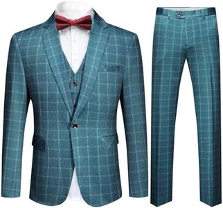 Cloudstyle Men's Suit Plaid Modern Fit 3-Piece Suit Center Vent Blazer Jacket Tux Vest & Trousers,Blue,Small