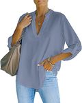 AISEW Womens Casual V Neck Shirts Cuffed Sleeves Chiffon Blouses Loose Solid Henley Work Tops (1169Grey, XL)