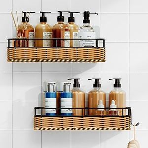 Gusio Shower Caddy Bathroom Organizer and Storage, Hand-made Woven Shower Shelves for Inside Shower Bathroom Decor, Self Adhesive Shower Holder Accessories for Farmhouse Wall RV Apartment Essential