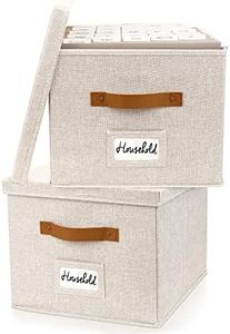 ZICOTO Decorative File Organizer Box Set of 2 - Collapsible Linen Filing Cabinets w/Handles Are Perfect to Store all Your Documents & Hanging File Folders - Portable Easy Slide File Crates with Lid