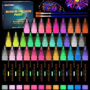 FansArriche Glow in the Dark Fabric Paint, 32 Colors Neon Acrylic Paint for DIY Crafts, Halloween, Christmas Decorations, Luminous Paint for Clothes, Wood, Canvas, Rock, 20 ml/Bottle