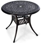 COSTWAY Garden Dining Table, Cast Aluminum Patio Bistro Table with Umbrella Hole, All-Weather Outdoor Conversation Side Table for Balcony, Backyard and Poolside, Antique Bronze (Round-91 x 91cm)