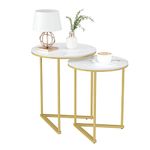 Marble Top Side Table Gold: 2 Nesting Small Sofa End Tables Round Bedside Nest Sets High Gloss Sintered Stone Marble Tabletop with Golden Metal Legs Nested Accent Tables for Living Room Offices