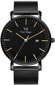 Vigor Rigger orologio da uomo, da polso ultra-sottile colore nero design classico stile minimal classico con calendario e Cinturino in acciaio inossidabile