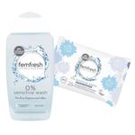 Feminine Intimate Hygiene Sensitive Cleansing Bundle With Femfresh 0% Sensitive Wash 250ml & Hypoallergenic Wipes 25 pack, Soap Free, Monthly Hygiene Supply