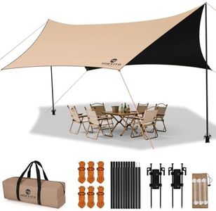Camping Tarp with Poles & Retainer, 15x12.5FT Large Waterproof 210D Oxford Cloth Camping Canopy, Anti-UV UPF100+ Camping Awning Tent Tarp Car Awning for Outdoor, Picnic, Car, Hammock, Traveling (Gold)