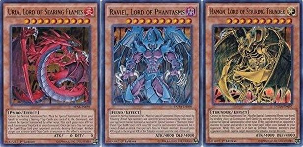 Sacred Beast/ YUGIOH GOD Cards: DUSA-EN096 Uria, Lord of Searing Flames (Ultra Rare), DUSA-EN098 Raviel, Lord of Phantasms (Ultra Rare) & DUSA-EN097 Hamon, Lord of Striking Thunder (Ultra Rare)