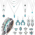 HAIAISO Western Jewelry Set for Women Bohemian Layered Turquoise Necklace Chain Vintage Wrap Bangle Bracelet Dangle Earrings Boho Knuckle Rings Set Turquoise Jewelry for Women（w）